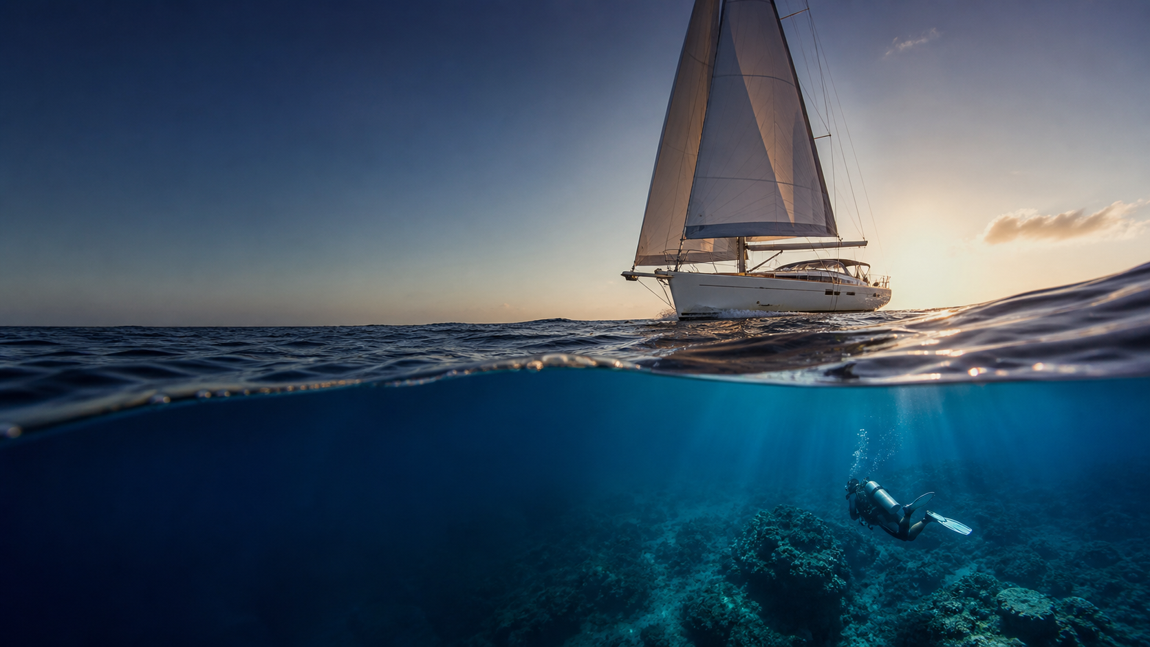A sailboat moving above the ocean while a scuba diver explores the reef below